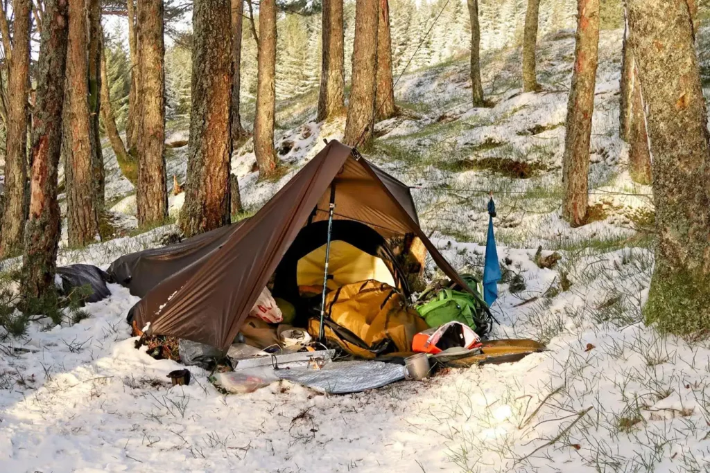 A tarpaulin and bivvy bag is pitched in the snow covered forest