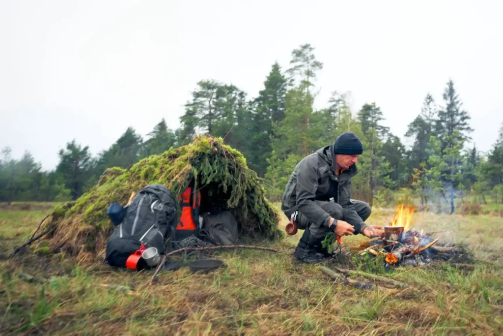 Bushcraft Camping [A outdoorsman boiling water in a pot over campfire]