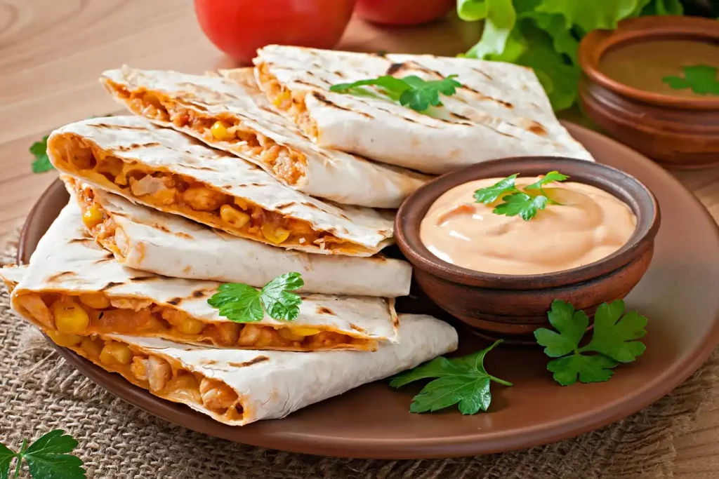 Mexican quesadilla sliced with vegetables