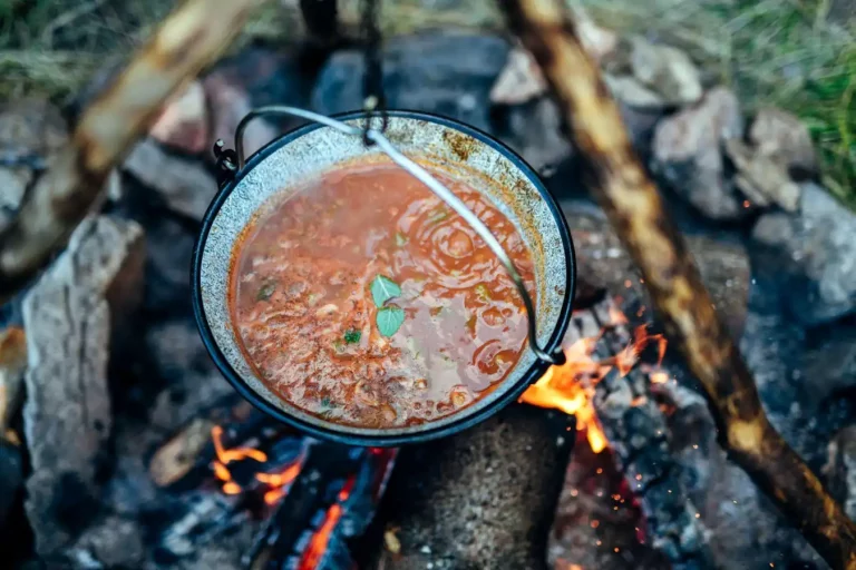 Soup cooking over a campfire using dutch oven