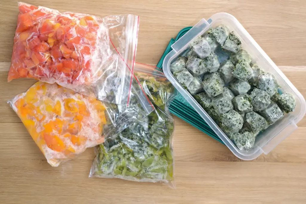 Vegetables in a plastic bag and container