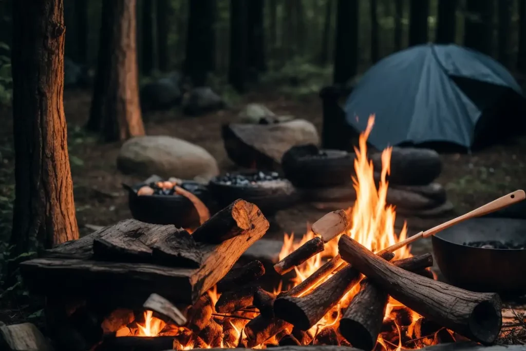 Cooking over campfire and near a tent