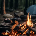 Cooking over campfire and near a tent