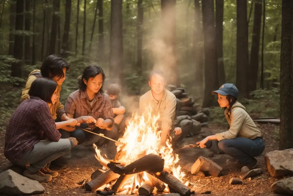 a family of four carefully cooking over a stone-lined campfire