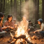 a family of four carefully cooking over a stone-lined campfire